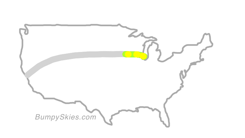 Map of continental US with illustrated flight path and turbulence forecast (described in text below)