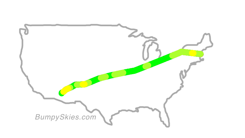 Map of continental US with illustrated flight path and turbulence forecast (described in text below)