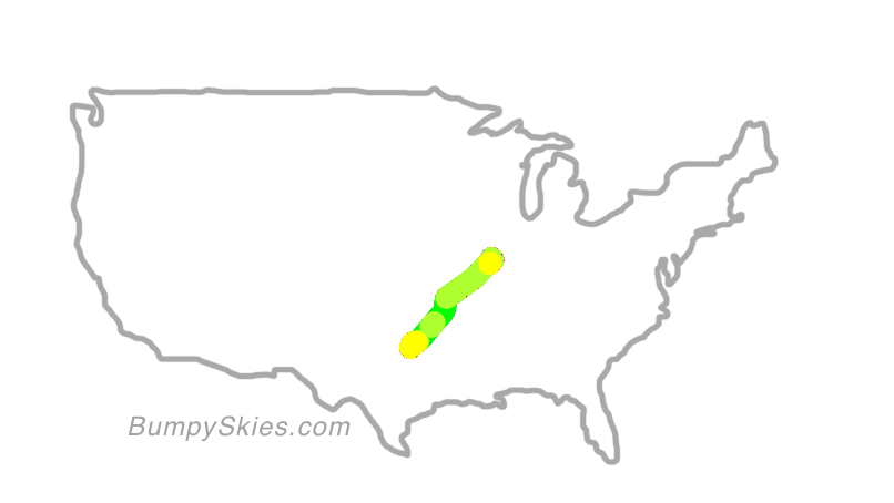 Map of continental US with illustrated flight path and turbulence forecast (described in text below)