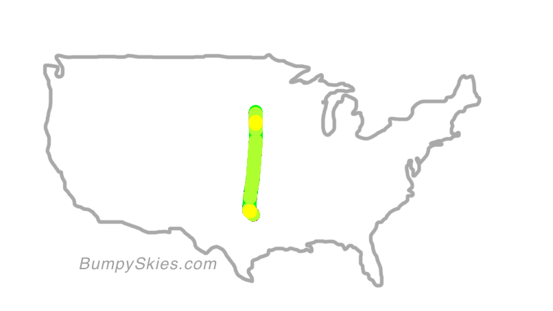 Map of continental US with illustrated flight path and turbulence forecast (described in text below)