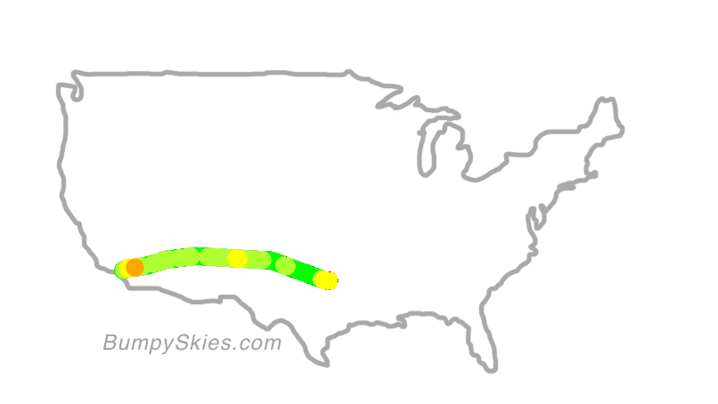 Map of continental US with illustrated flight path and turbulence forecast (described in text below)