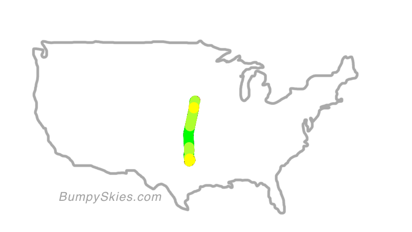 Map of continental US with illustrated flight path and turbulence forecast (described in text below)