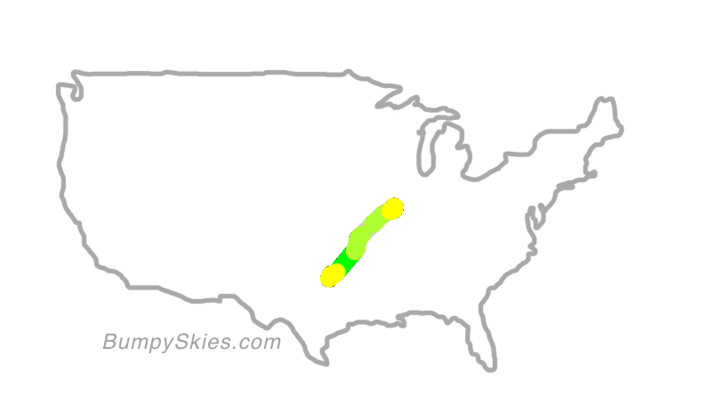 Map of continental US with illustrated flight path and turbulence forecast (described in text below)