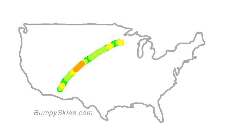 Map of continental US with illustrated flight path and turbulence forecast (described in text below)
