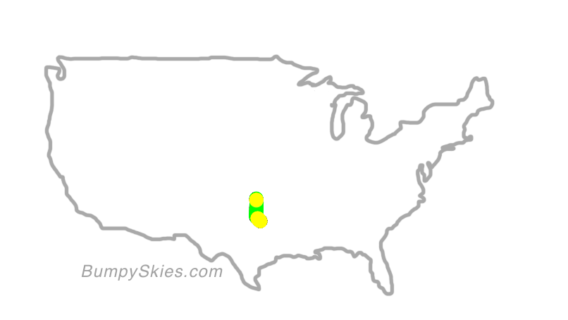 Map of continental US with illustrated flight path and turbulence forecast (described in text below)