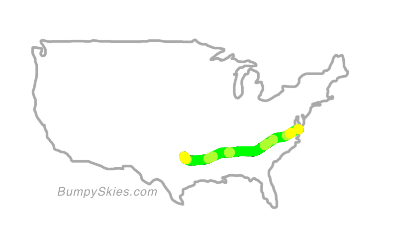 Map of continental US with illustrated flight path and turbulence forecast (described in text below)