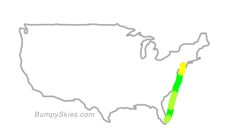 Map of continental US with illustrated flight path and turbulence forecast (described in text below)