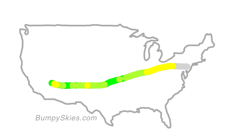 Map of continental US with illustrated flight path and turbulence forecast (described in text below)