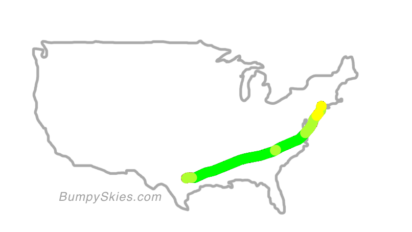 Map of continental US with illustrated flight path and turbulence forecast (described in text below)