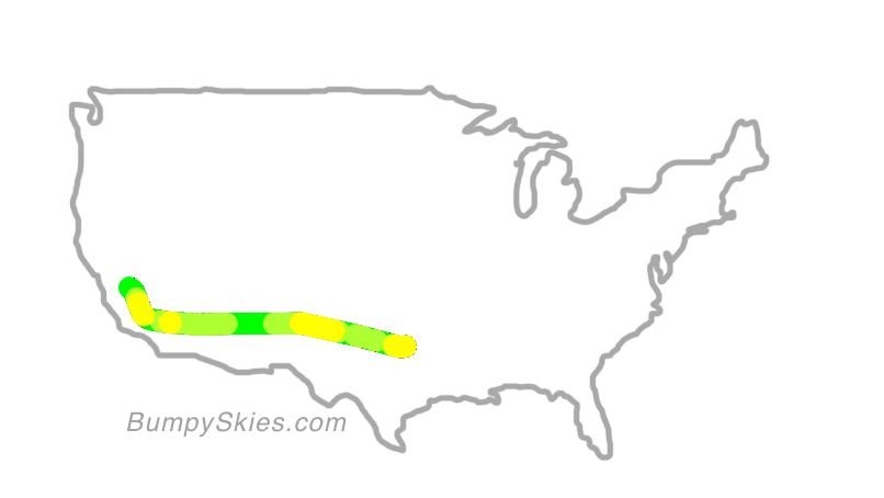 Map of continental US with illustrated flight path and turbulence forecast (described in text below)