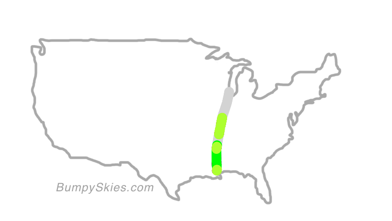 Map of continental US with illustrated flight path and turbulence forecast (described in text below)