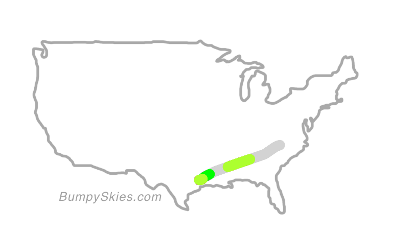 Map of continental US with illustrated flight path and turbulence forecast (described in text below)
