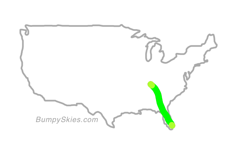 Map of continental US with illustrated flight path and turbulence forecast (described in text below)