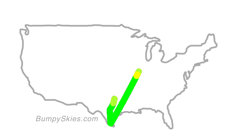 Map of continental US with illustrated flight path and turbulence forecast (described in text below)