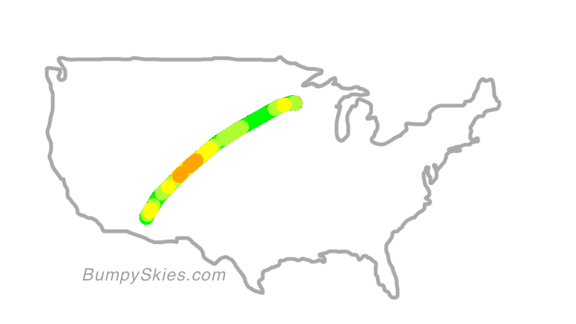 Map of continental US with illustrated flight path and turbulence forecast (described in text below)