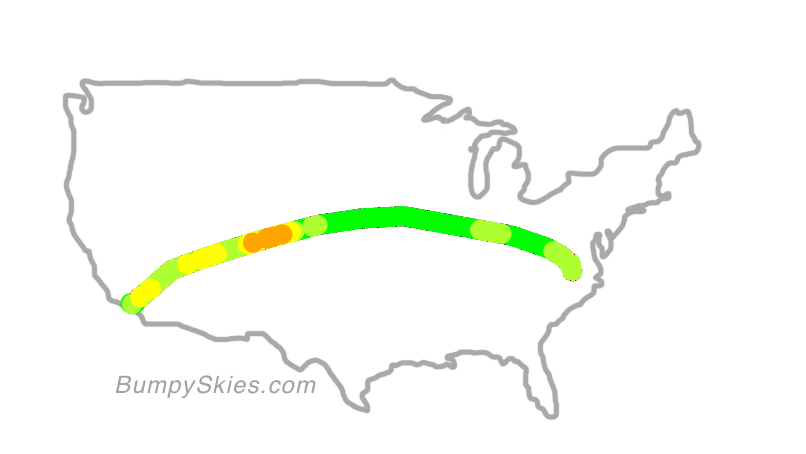 Map of continental US with illustrated flight path and turbulence forecast (described in text below)