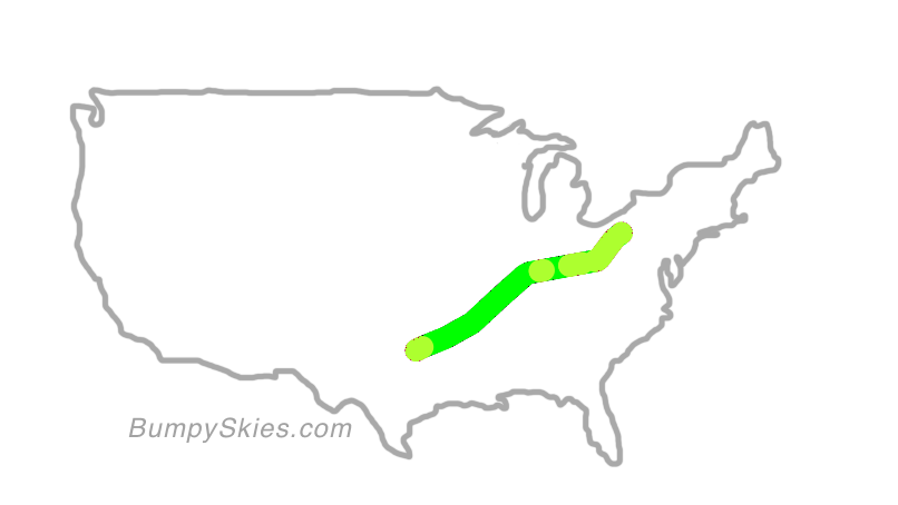 Map of continental US with illustrated flight path and turbulence forecast (described in text below)