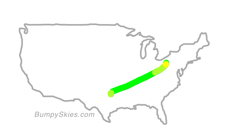 Map of continental US with illustrated flight path and turbulence forecast (described in text below)