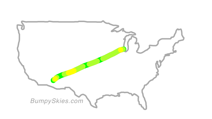 Map of continental US with illustrated flight path and turbulence forecast (described in text below)