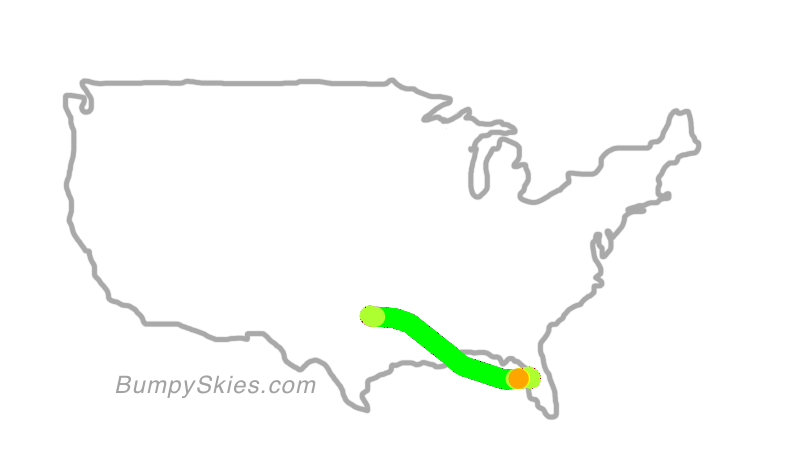 Map of continental US with illustrated flight path and turbulence forecast (described in text below)