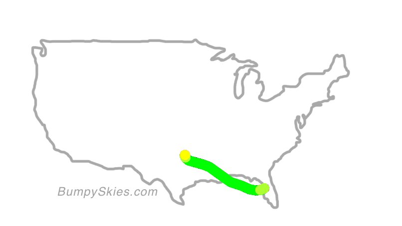 Map of continental US with illustrated flight path and turbulence forecast (described in text below)