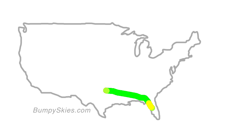Map of continental US with illustrated flight path and turbulence forecast (described in text below)