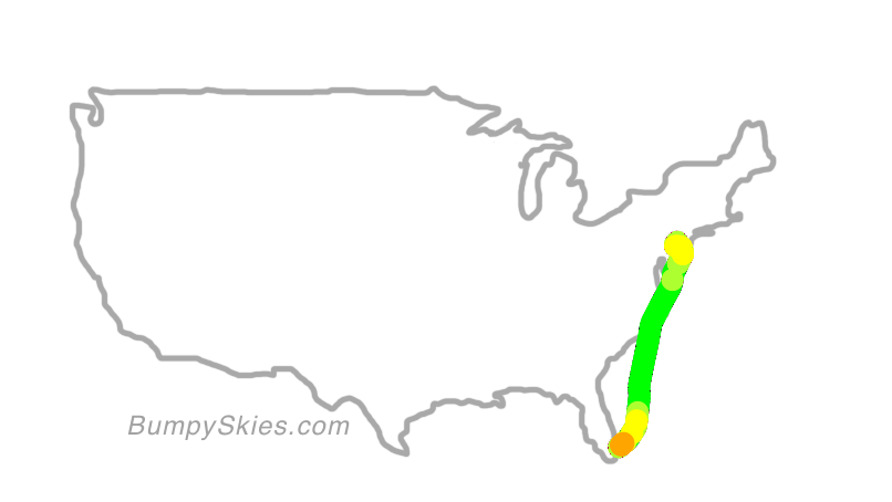 Map of continental US with illustrated flight path and turbulence forecast (described in text below)
