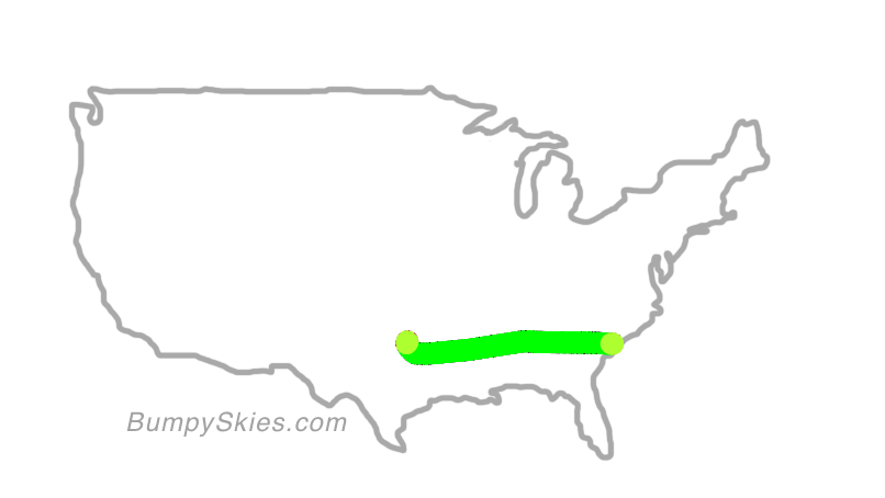 Map of continental US with illustrated flight path and turbulence forecast (described in text below)