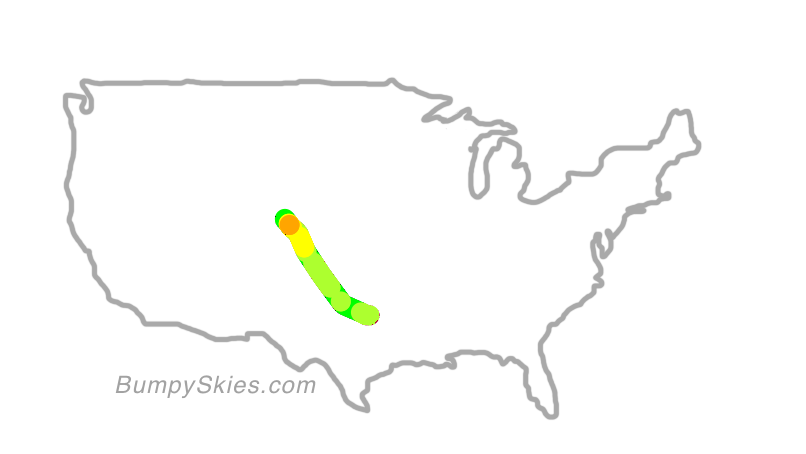 Map of continental US with illustrated flight path and turbulence forecast (described in text below)
