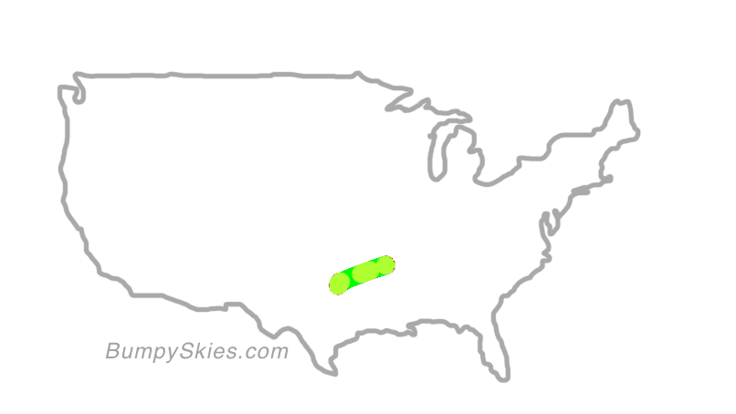 Map of continental US with illustrated flight path and turbulence forecast (described in text below)