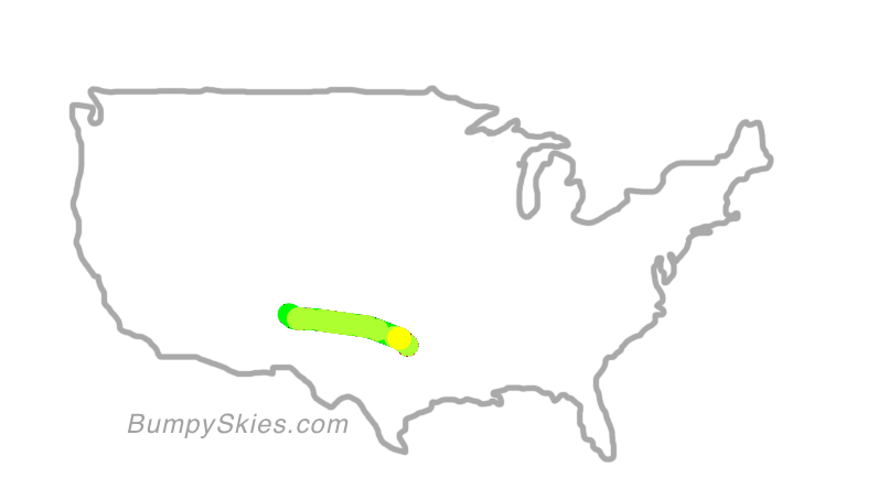 Map of continental US with illustrated flight path and turbulence forecast (described in text below)