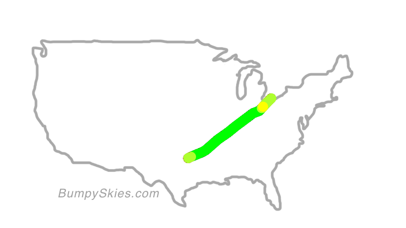 Map of continental US with illustrated flight path and turbulence forecast (described in text below)