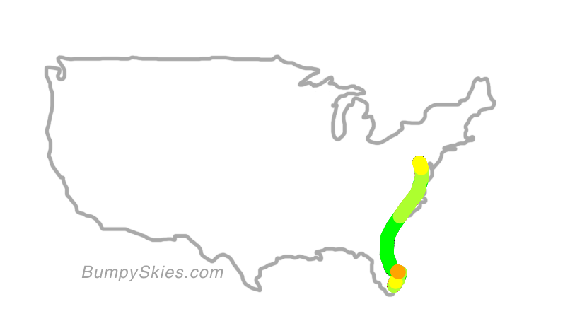 Map of continental US with illustrated flight path and turbulence forecast (described in text below)