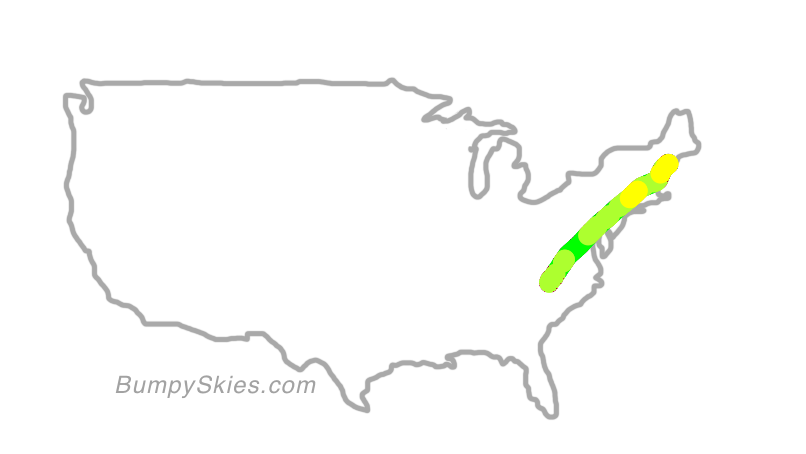 Map of continental US with illustrated flight path and turbulence forecast (described in text below)