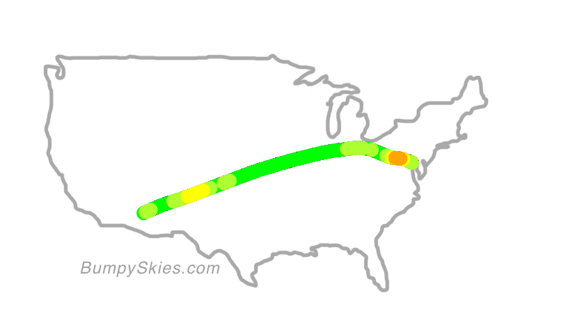 Map of continental US with illustrated flight path and turbulence forecast (described in text below)
