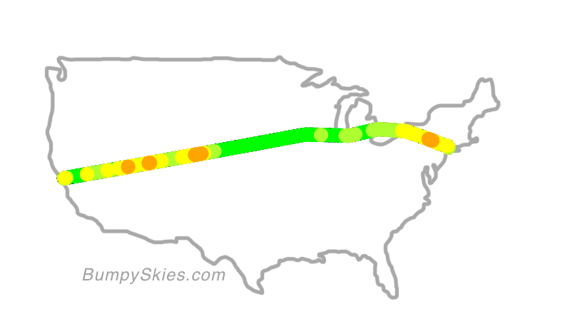 Map of continental US with illustrated flight path and turbulence forecast (described in text below)