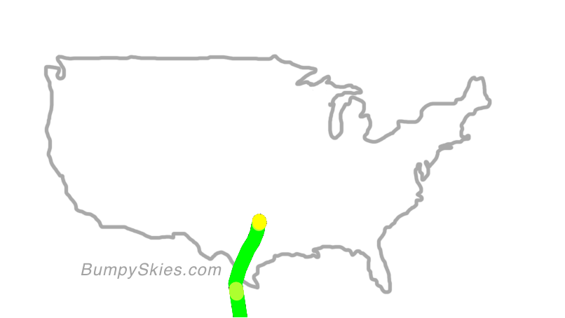 Map of continental US with illustrated flight path and turbulence forecast (described in text below)