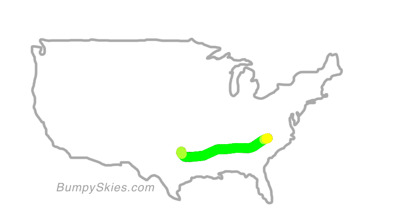 Map of continental US with illustrated flight path and turbulence forecast (described in text below)
