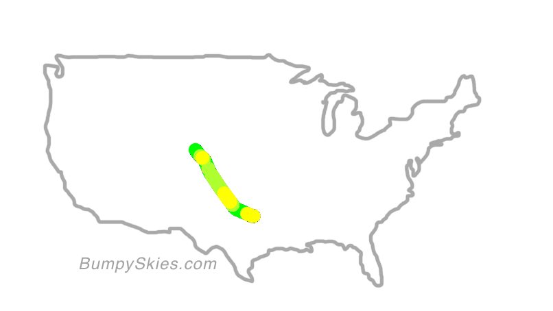 Map of continental US with illustrated flight path and turbulence forecast (described in text below)