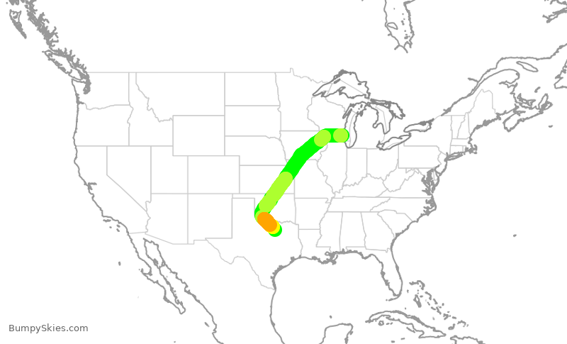 Turbulence forecast map for AAL2361, MKE to DFW