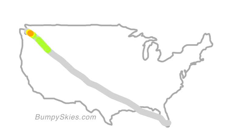 Map of continental US with illustrated flight path and turbulence forecast (described in text below)