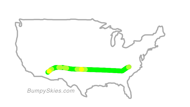Map of continental US with illustrated flight path and turbulence forecast (described in text below)