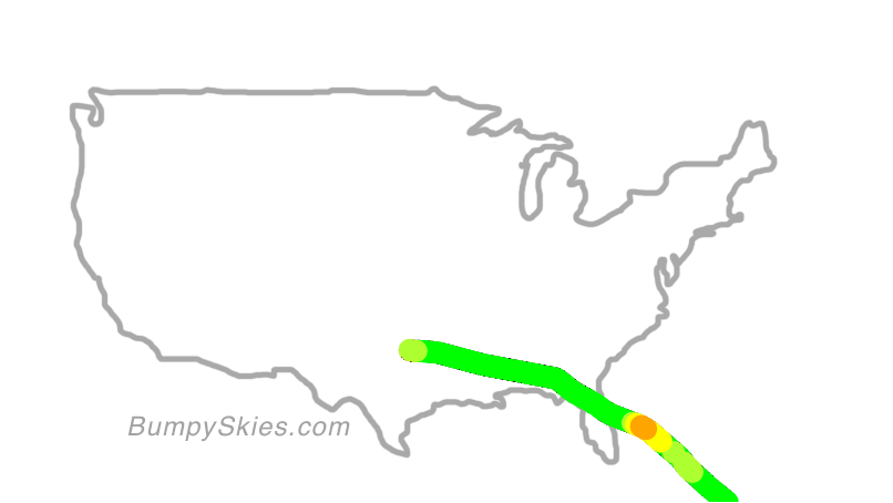 Map of continental US with illustrated flight path and turbulence forecast (described in text below)