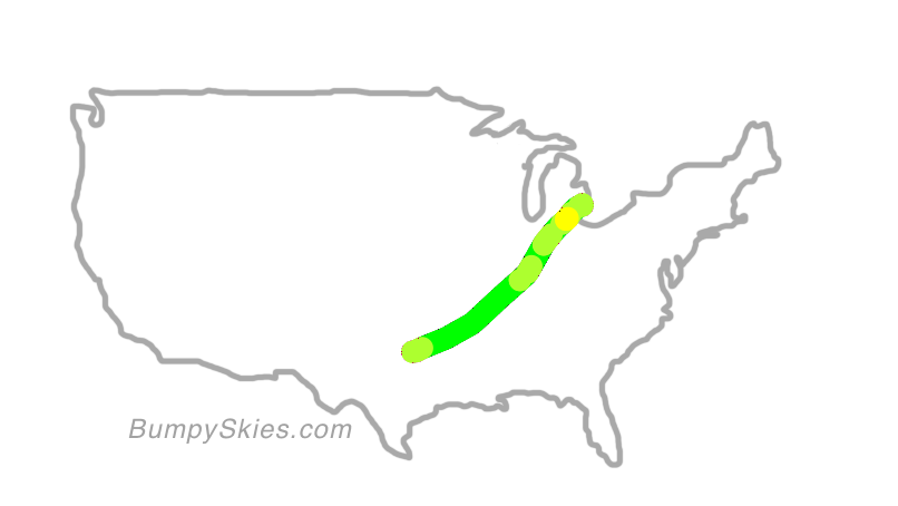 Map of continental US with illustrated flight path and turbulence forecast (described in text below)