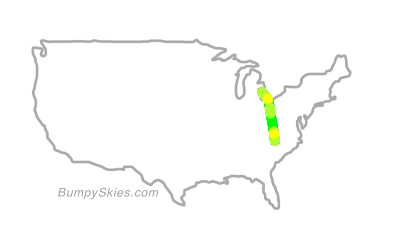 Map of continental US with illustrated flight path and turbulence forecast (described in text below)