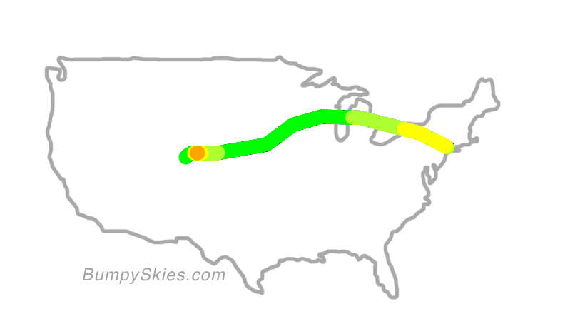 Map of continental US with illustrated flight path and turbulence forecast (described in text below)