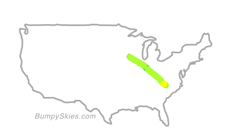 Map of continental US with illustrated flight path and turbulence forecast (described in text below)