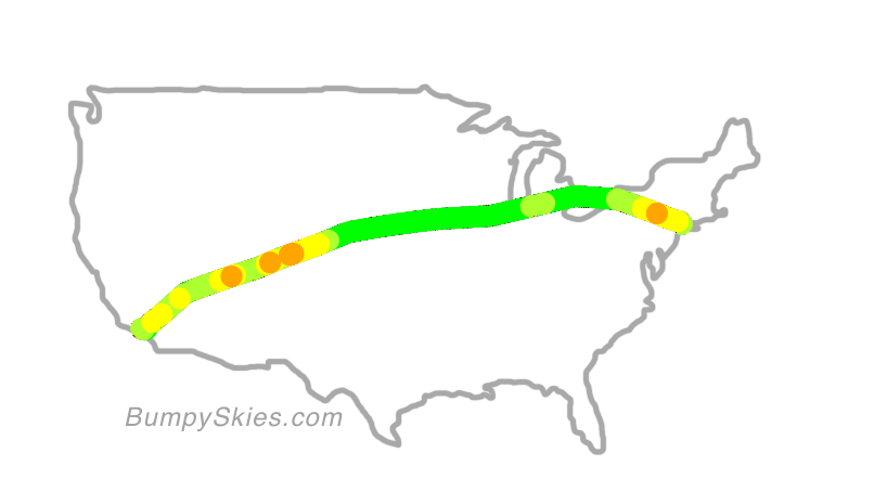 Map of continental US with illustrated flight path and turbulence forecast (described in text below)