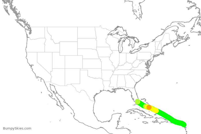 Turbulence forecast map for AAL2394, ANU to MIA