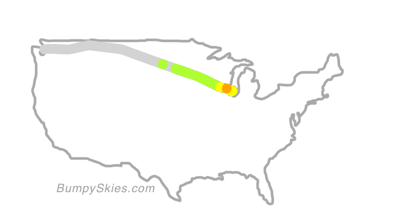 Map of continental US with illustrated flight path and turbulence forecast (described in text below)